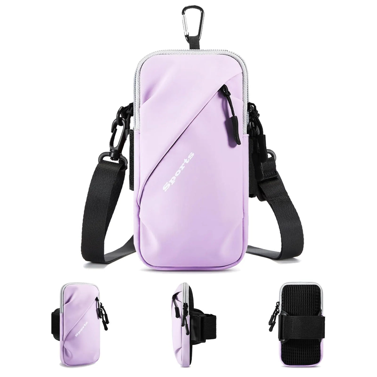 Universal Running Phone Arm Band – Waterproof, Dual Pocket, Adjustable Strap, Breathable Mesh, Fits Phones Up to 6.7 Inches, Crossbody & Waist Clip (Purple)