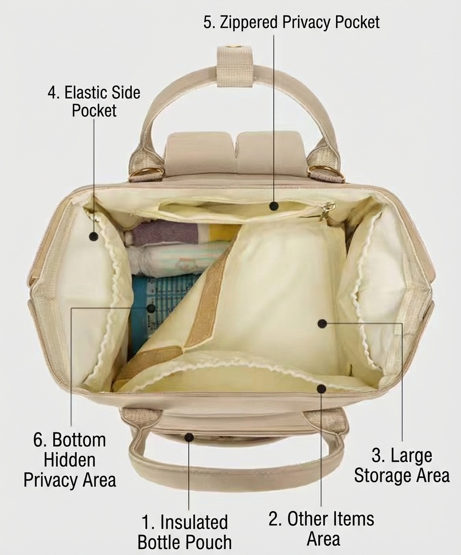 Stylish Mom Backpack with Insulated Bottle Pocket – Multi-Compartment Diaper Bag, Anti-Theft Phone Pocket, Large Capacity Baby Organizer, Travel Backpack for Moms (Apricot) - Image 5