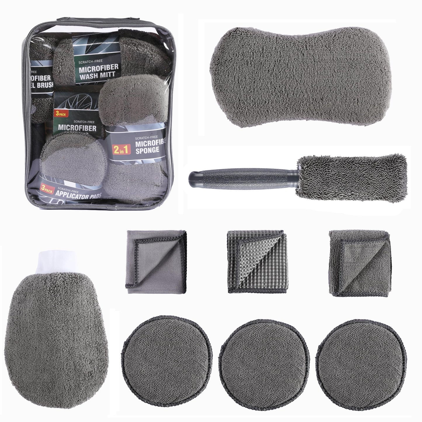 Multi-Use Car Cleaning Kit – 9-Piece Auto Detailing Set with Wash Mitt, Wheel Brush, Microfiber Cloths, Sponge, Applicator Pads, Storage Bag (Gray) - Image 2