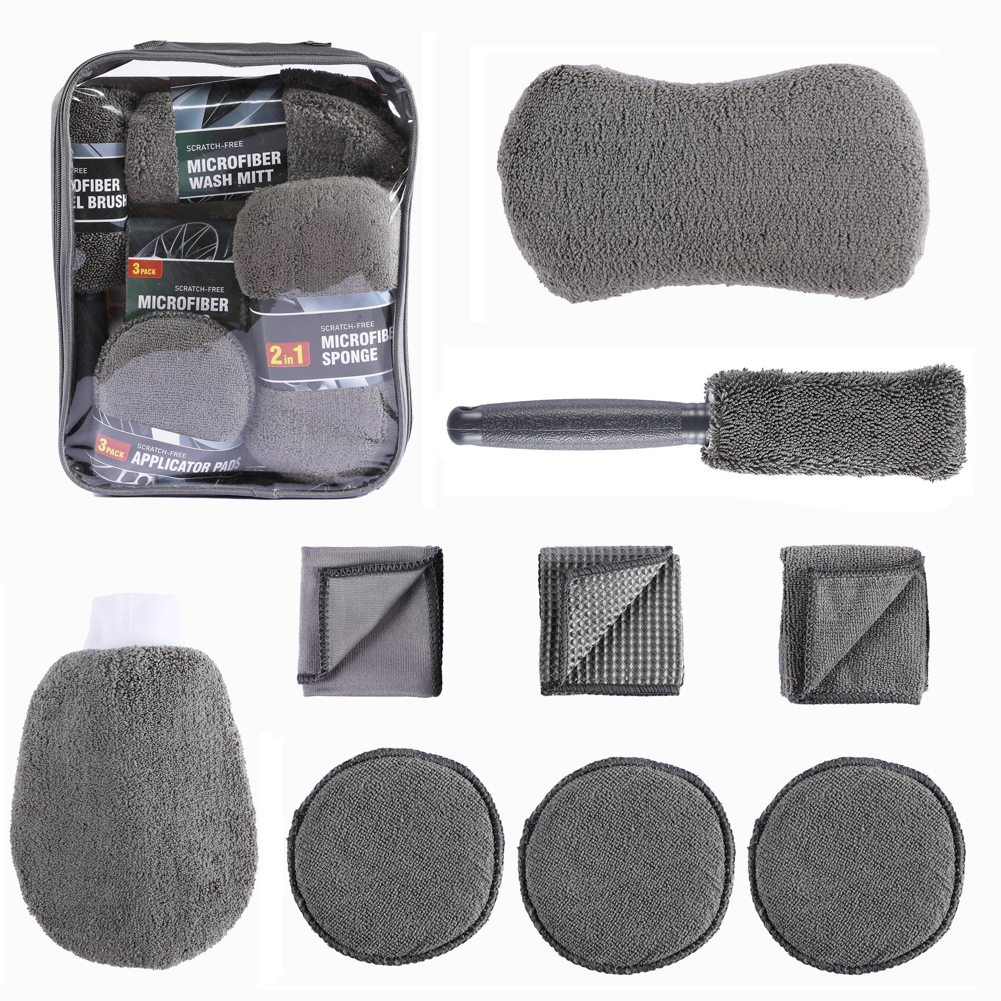 Multi-Use Car Cleaning Kit – 9-Piece Auto Detailing Set with Wash Mitt, Wheel Brush, Microfiber Cloths, Sponge, Applicator Pads, Storage Bag (Gray) - Image 2
