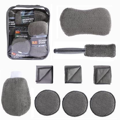 Multi-Use Car Cleaning Kit – 9-Piece Auto Detailing Set with Wash Mitt, Wheel Brush, Microfiber Cloths, Sponge, Applicator Pads, Storage Bag (Gray) - Image 2