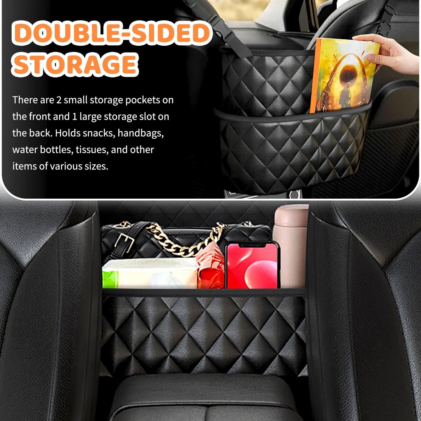 Car Seat Storage Bag: PU Leather Organizer with Hooks – Pet Barrier, Safe Driving Storage for Wallets/Phones (Black) - Image 3