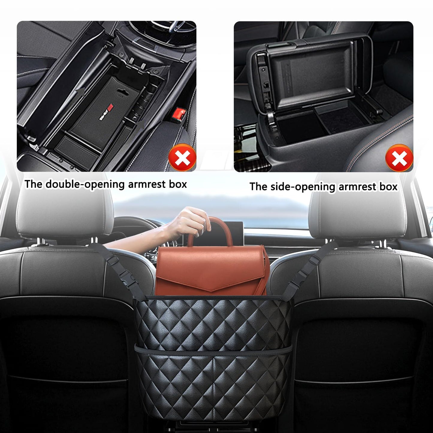 Car Seat Storage Bag: PU Leather Organizer with Hooks – Pet Barrier, Safe Driving Storage for Wallets/Phones (Black) - Image 6