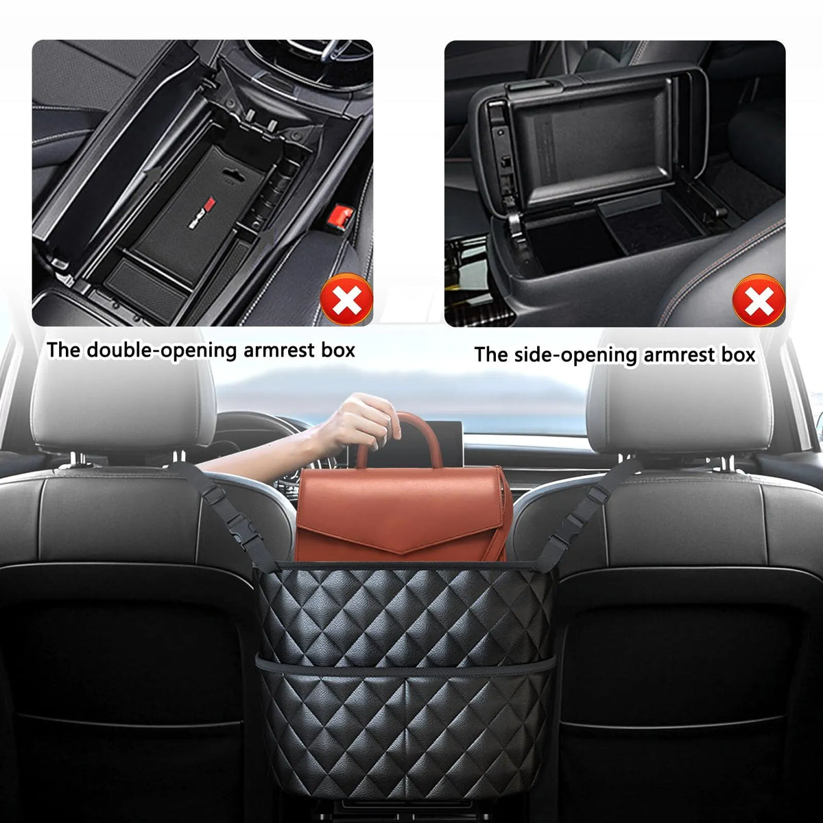 Car Seat Storage Bag: PU Leather Organizer with Hooks – Pet Barrier, Safe Driving Storage for Wallets/Phones (Black) - Image 6