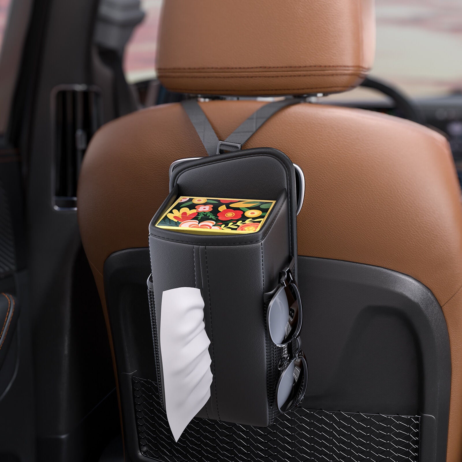 Car Seat Storage Organizer: Side-Mount Tissue Holder with Mesh Pockets – Waterproof Cup/Wallet Organizer for Cars/SUVs (Black) - Image 6