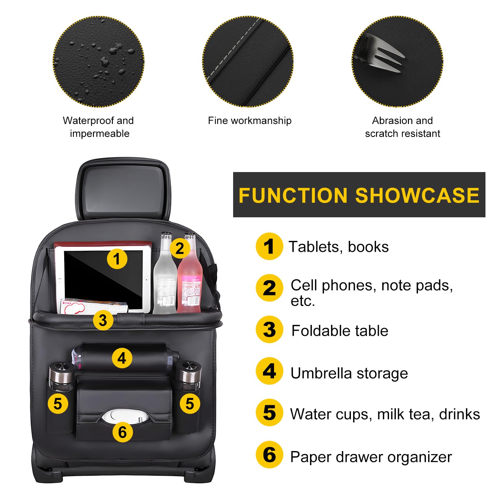 Car Back Seat Organizer with Foldable Table Tray – Universal Rear Seat Storage Bag, Multi-Pocket Holder for Tablet, Drinks & Essentials (Black) - Image 5