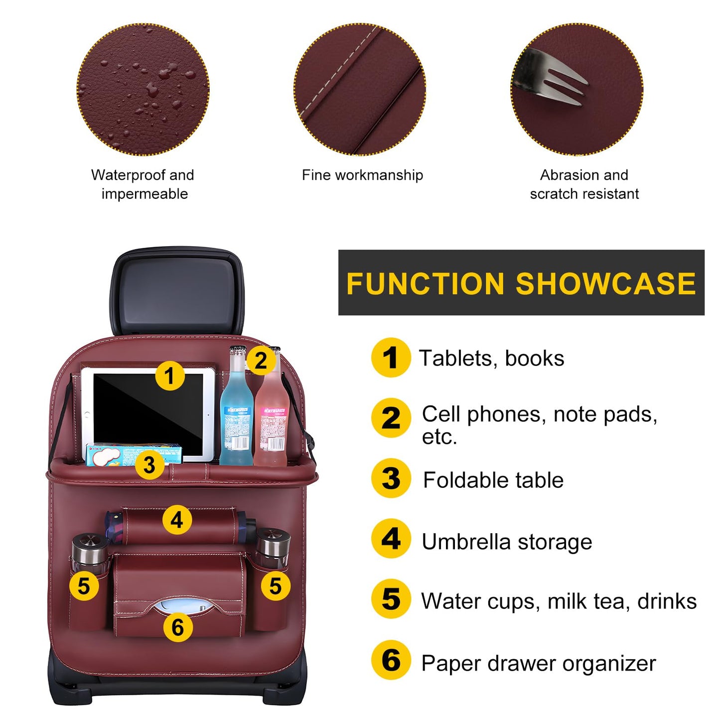 Car Back Seat Organizer with Foldable Table Tray – Universal Rear Seat Storage Bag, Multi-Pocket Holder for Tablet, Drinks & Essentials (Red) - Image 5