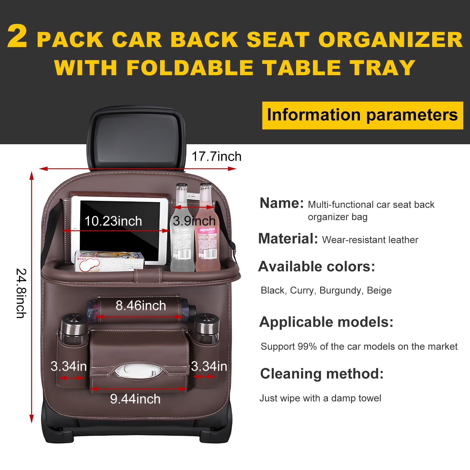 Car Back Seat Organizer with Foldable Table Tray – Universal Rear Seat Storage Bag, Multi-Pocket Holder for Tablet, Drinks & Essentials (Coffee) - Image 2