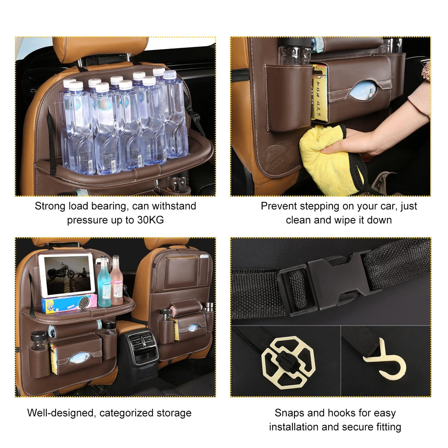 Car Back Seat Organizer with Foldable Table Tray – Universal Rear Seat Storage Bag, Multi-Pocket Holder for Tablet, Drinks & Essentials (Coffee) - Image 3