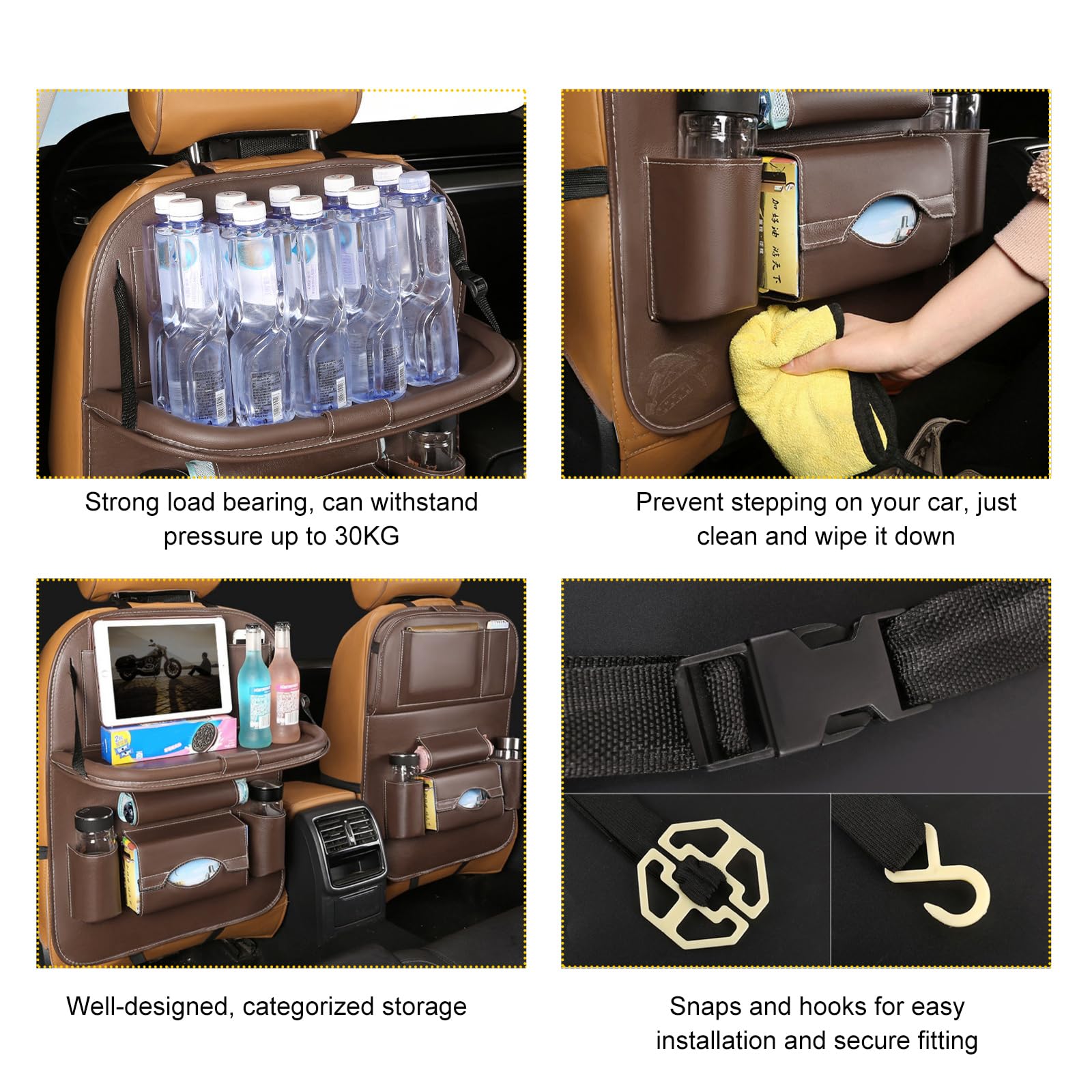 Car Back Seat Organizer with Foldable Table Tray – Universal Rear Seat Storage Bag, Multi-Pocket Holder for Tablet, Drinks & Essentials (Coffee) - Image 3