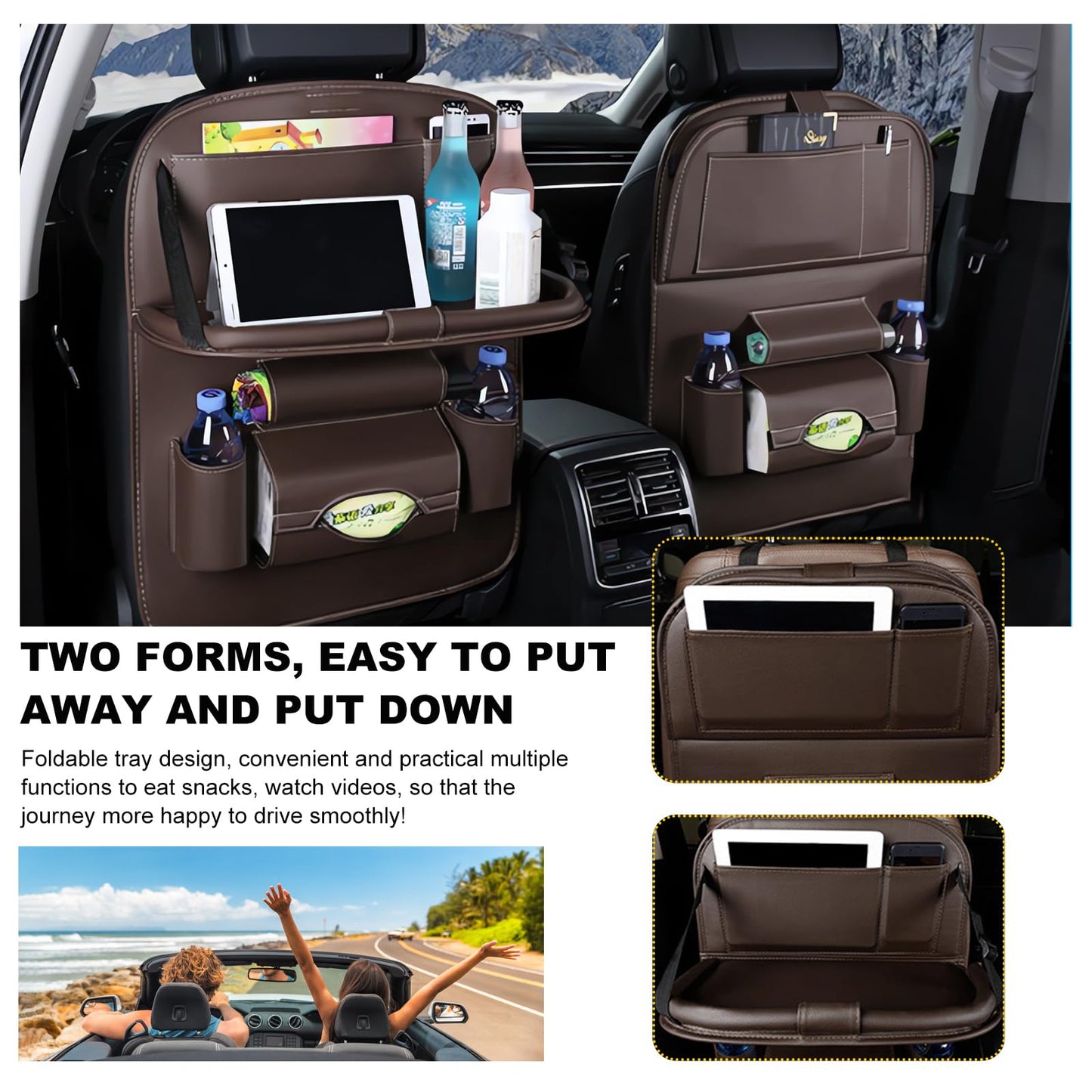 Car Back Seat Organizer with Foldable Table Tray – Universal Rear Seat Storage Bag, Multi-Pocket Holder for Tablet, Drinks & Essentials (Coffee) - Image 4