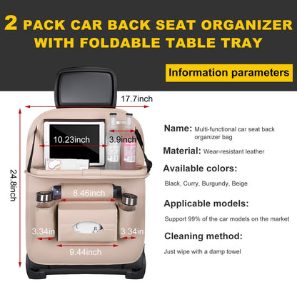 Car Back Seat Organizer with Foldable Table Tray – Universal Rear Seat Storage Bag, Multi-Pocket Holder for Tablet, Drinks & Essentials (Beige) - Image 2
