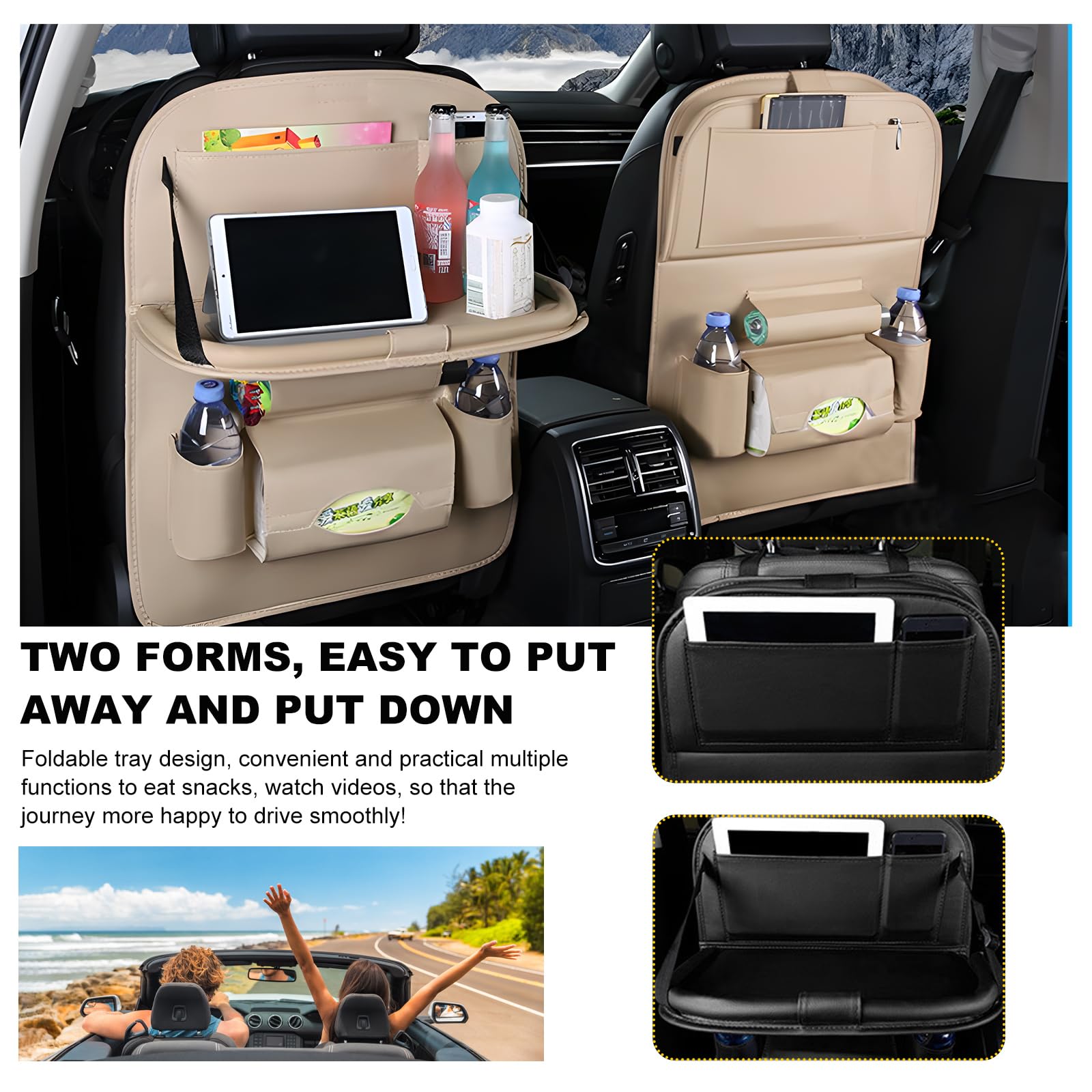 Car Back Seat Organizer with Foldable Table Tray – Universal Rear Seat Storage Bag, Multi-Pocket Holder for Tablet, Drinks & Essentials (Beige) - Image 4