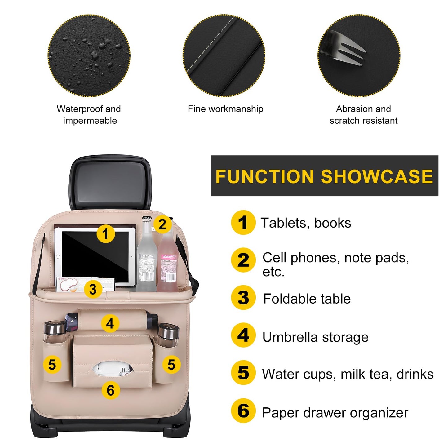 Car Back Seat Organizer with Foldable Table Tray – Universal Rear Seat Storage Bag, Multi-Pocket Holder for Tablet, Drinks & Essentials (Beige) - Image 5