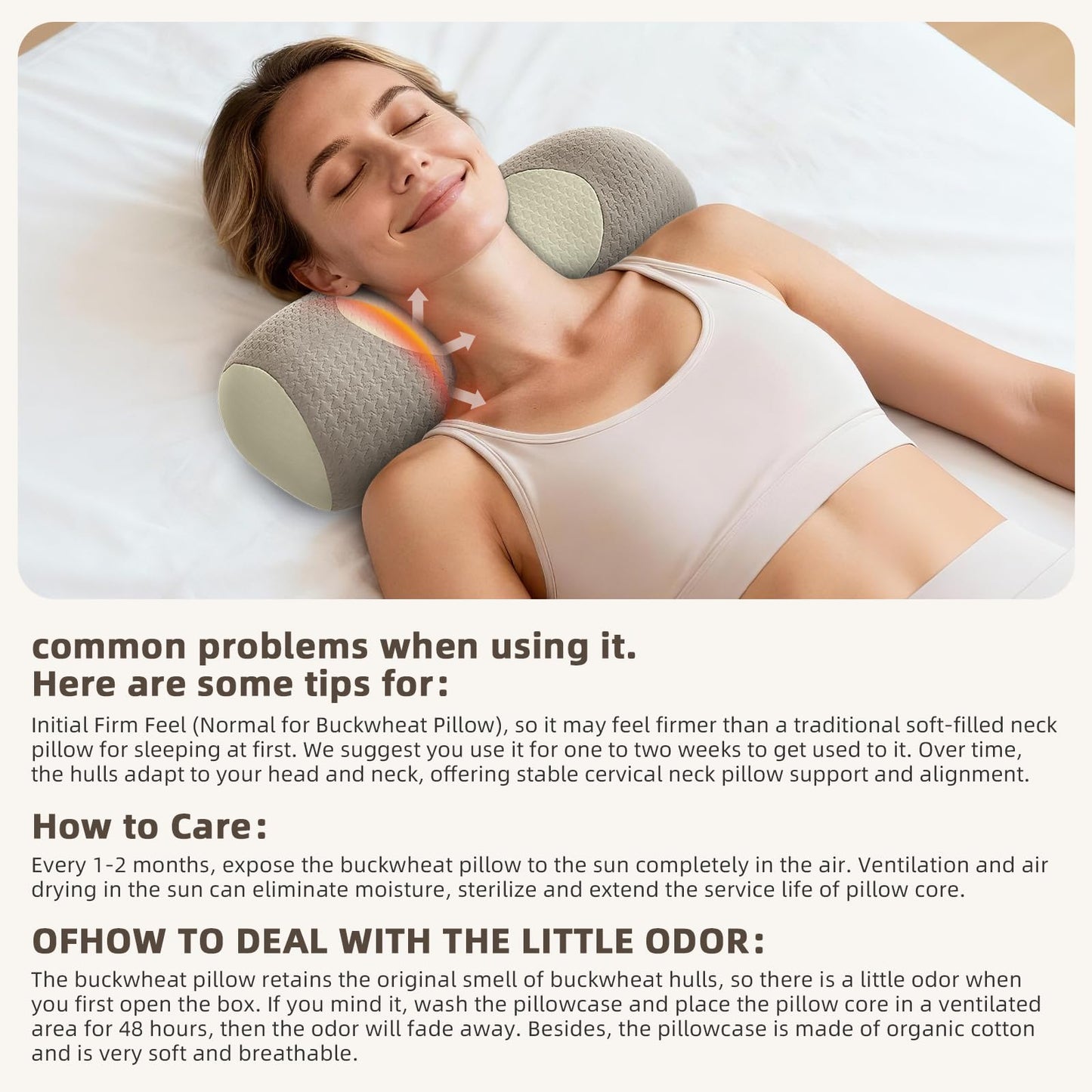 Organic Buckwheat Cervical Pillow – Ergonomic Neck Support for Side and Back Sleepers, Adjustable Firmness with Removable Cover, Natural Pain Relief for Neck and Shoulder Tension (Warm White) - Image 2
