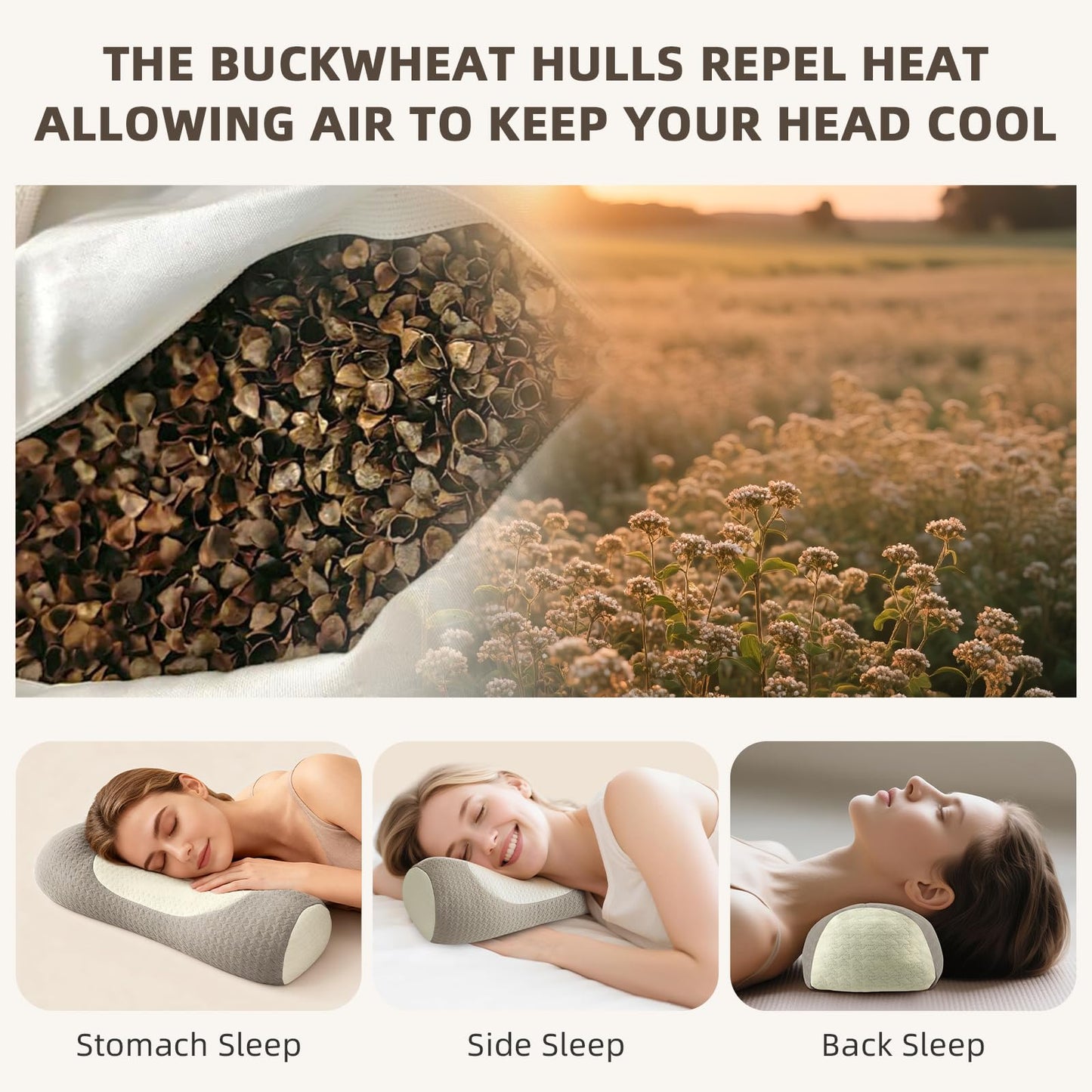 Organic Buckwheat Cervical Pillow – Ergonomic Neck Support for Side and Back Sleepers, Adjustable Firmness with Removable Cover, Natural Pain Relief for Neck and Shoulder Tension (Warm White) - Image 5