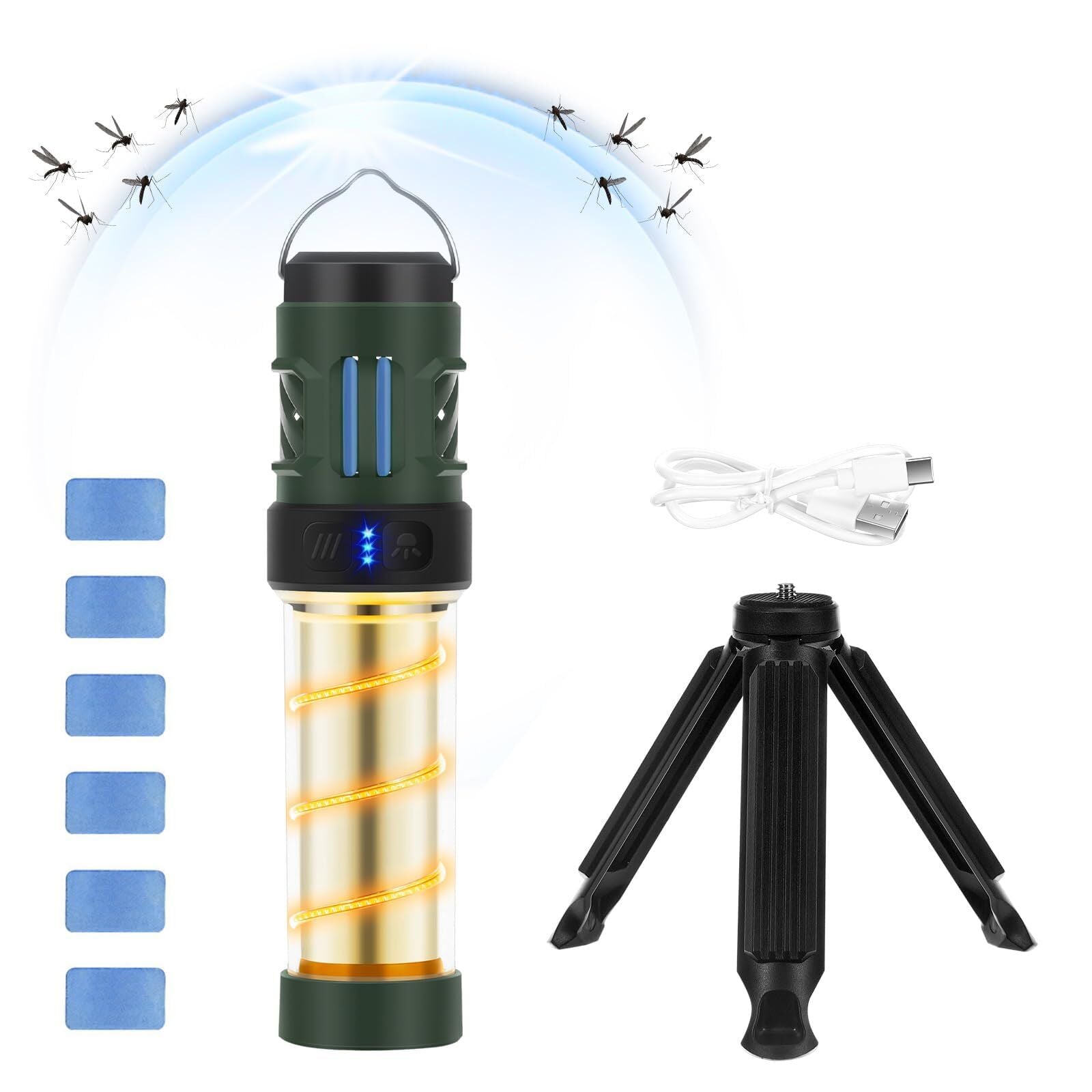 Rechargeable 3-in-1 Camping Light with Mosquito Repellent & Dual Heating – Bright Flashlight, Warm Lantern, Type-C Charging (Army Green)