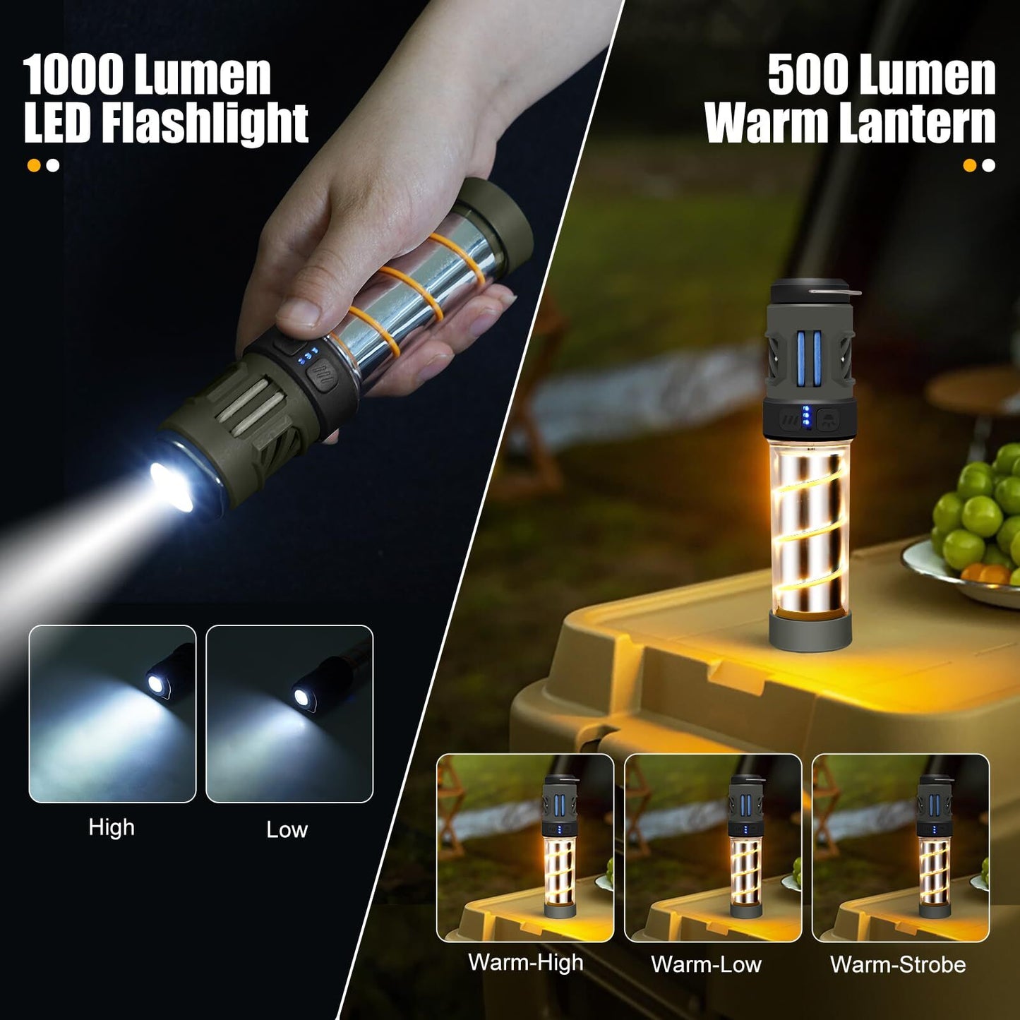 Rechargeable 3-in-1 Camping Light with Mosquito Repellent & Dual Heating – Bright Flashlight, Warm Lantern, Type-C Charging (Army Green) - Image 2
