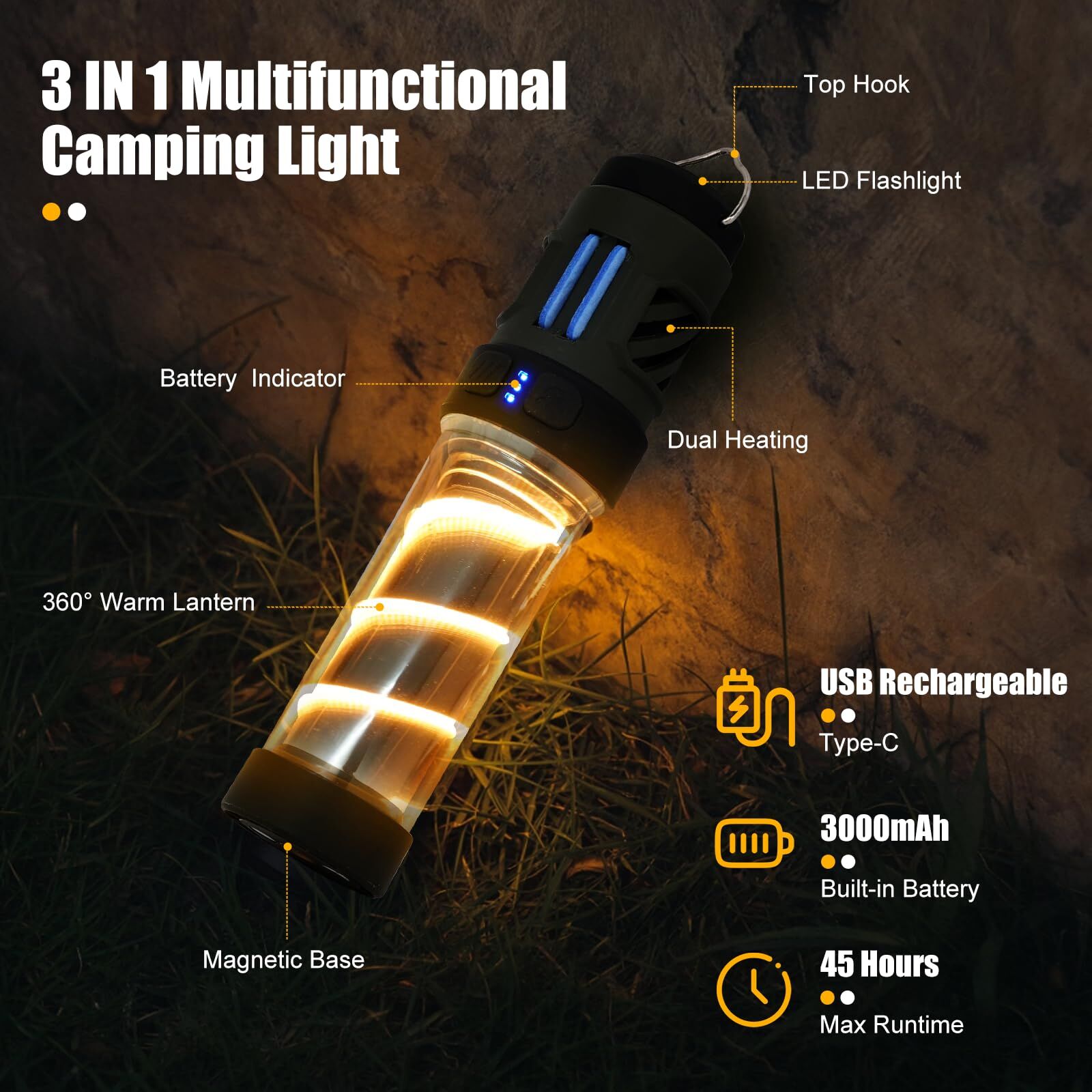 Rechargeable 3-in-1 Camping Light with Mosquito Repellent & Dual Heating – Bright Flashlight, Warm Lantern, Type-C Charging (Army Green) - Image 3
