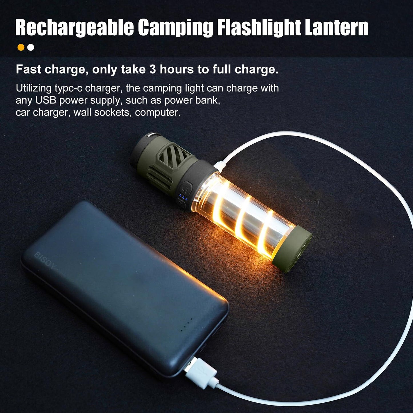 Rechargeable 3-in-1 Camping Light with Mosquito Repellent & Dual Heating – Bright Flashlight, Warm Lantern, Type-C Charging (Army Green) - Image 4