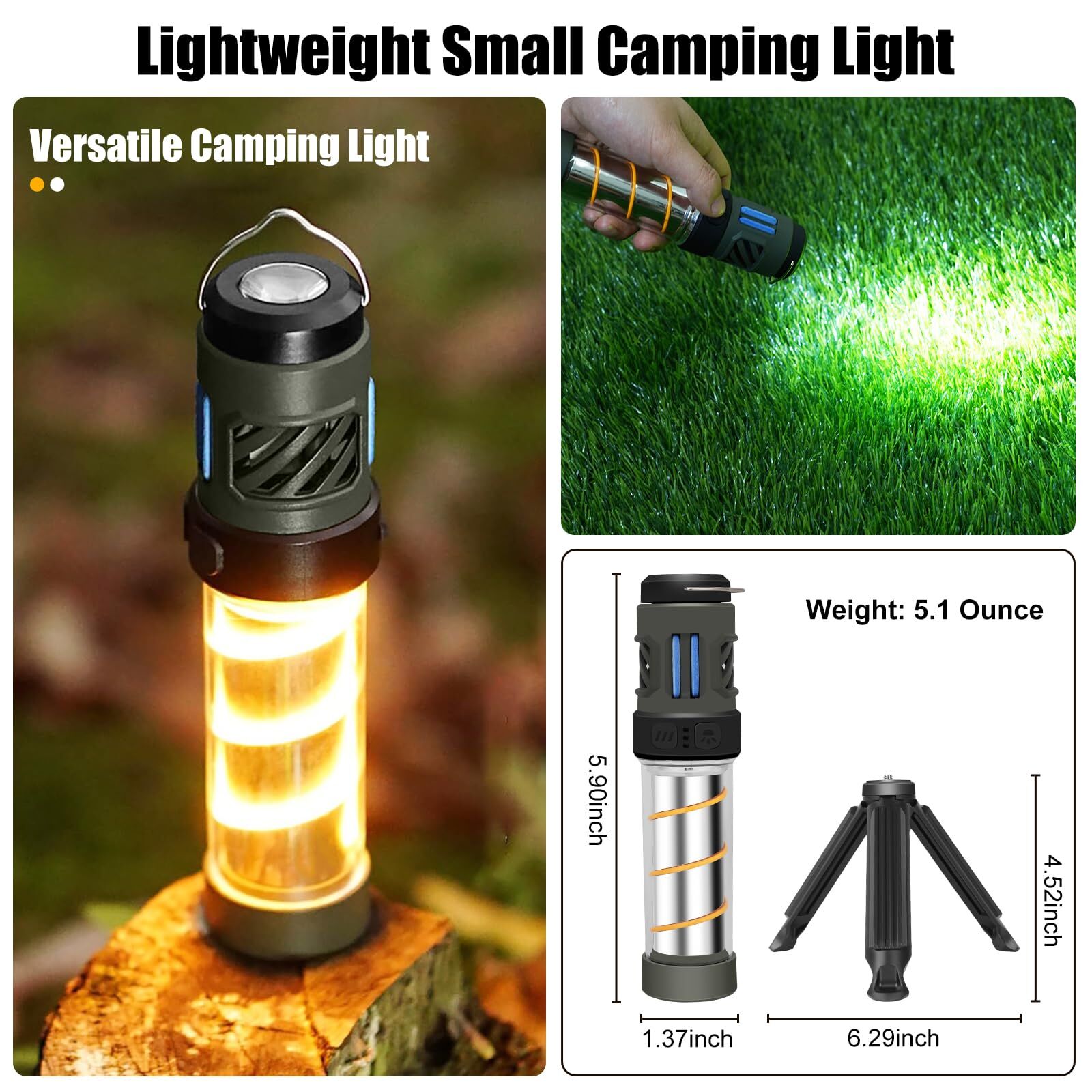 Rechargeable 3-in-1 Camping Light with Mosquito Repellent & Dual Heating – Bright Flashlight, Warm Lantern, Type-C Charging (Army Green) - Image 7