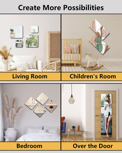 Shatterproof Acrylic Mirror Tiles – 4-Pack Wall Stickers for Kids, Home Gym, Bedroom & Bathroom, Easy Peel-and-Stick Decorative Mirrors with Double-Sided Tape (Silver,8" x 8") - Image 4