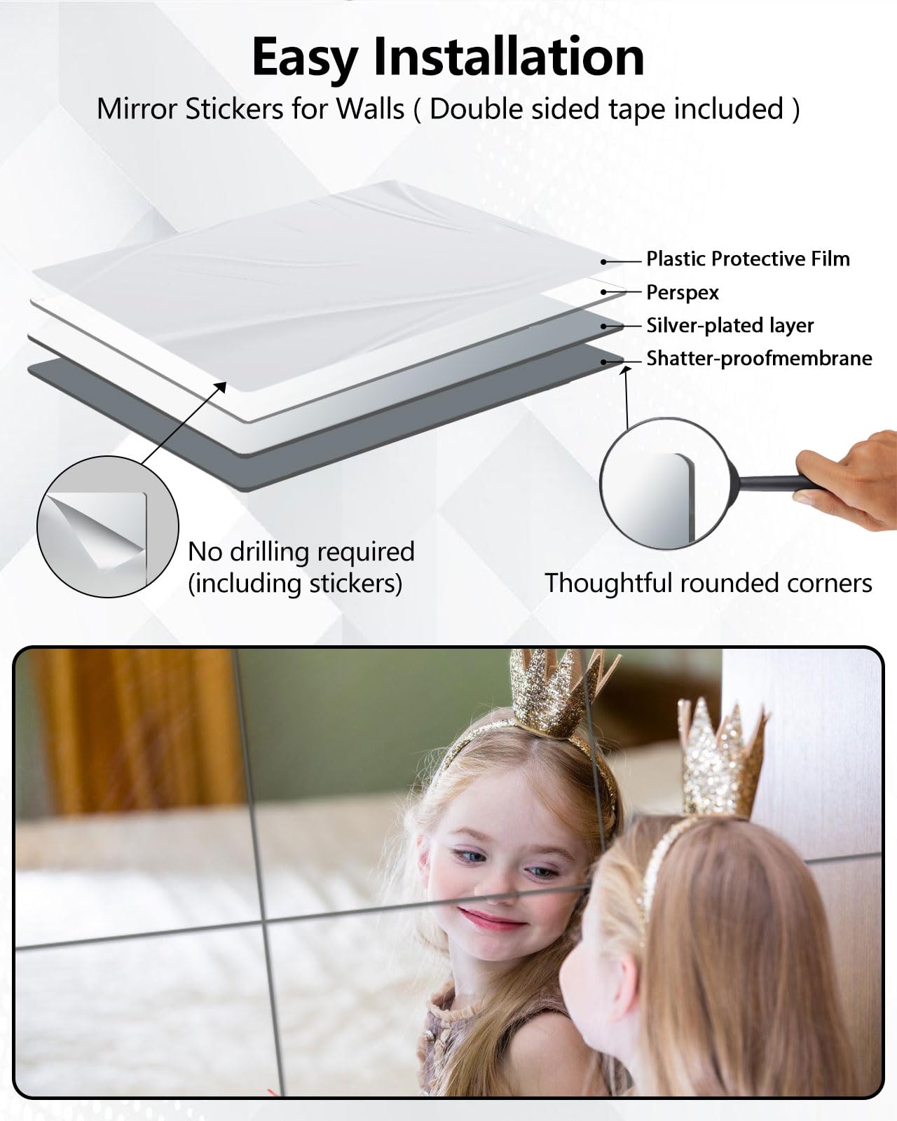 Shatterproof Acrylic Mirror Tiles – 4-Pack Wall Stickers for Kids, Home Gym, Bedroom & Bathroom, Easy Peel-and-Stick Decorative Mirrors with Double-Sided Tape (Silver,8" x 8") - Image 6