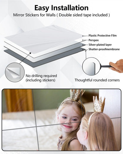 Shatterproof Acrylic Mirror Tiles – 4-Pack Wall Stickers for Kids, Home Gym, Bedroom & Bathroom, Easy Peel-and-Stick Decorative Mirrors with Double-Sided Tape (Silver,8" x 8") - Image 6