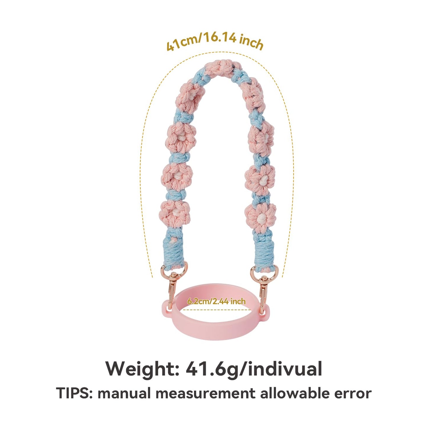 Hand-Woven Flower Water Bottle Strap with Silicone Ring 41cm/16.14 inch – Universal Cup Holder for 14oz, 30oz, and 40oz Stanley Tumblers, Adjustable Shoulder Strap with Rose Gold Clips and Net Pouch (Pink) - Image 2