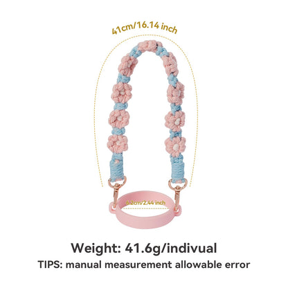Hand-Woven Flower Water Bottle Strap with Silicone Ring 41cm/16.14 inch – Universal Cup Holder for 14oz, 30oz, and 40oz Stanley Tumblers, Adjustable Shoulder Strap with Rose Gold Clips and Net Pouch (Pink) - Image 2