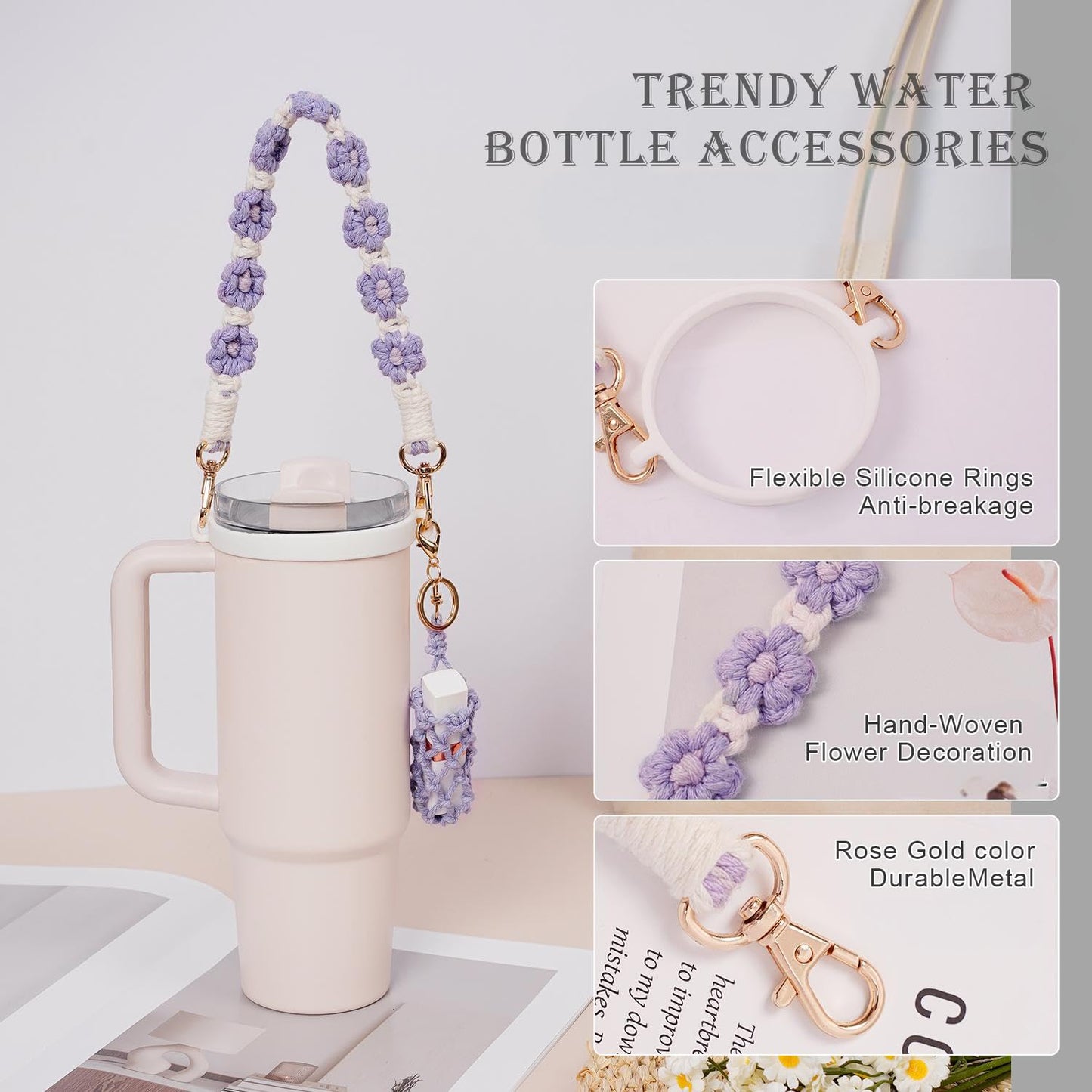 Hand-Woven Flower Water Bottle Strap with Silicone Ring 41cm/16.14 inch – Universal Cup Holder for 14oz, 30oz, and 40oz Stanley Tumblers, Adjustable Shoulder Strap with Rose Gold Clips and Net Pouch (Pink) - Image 6