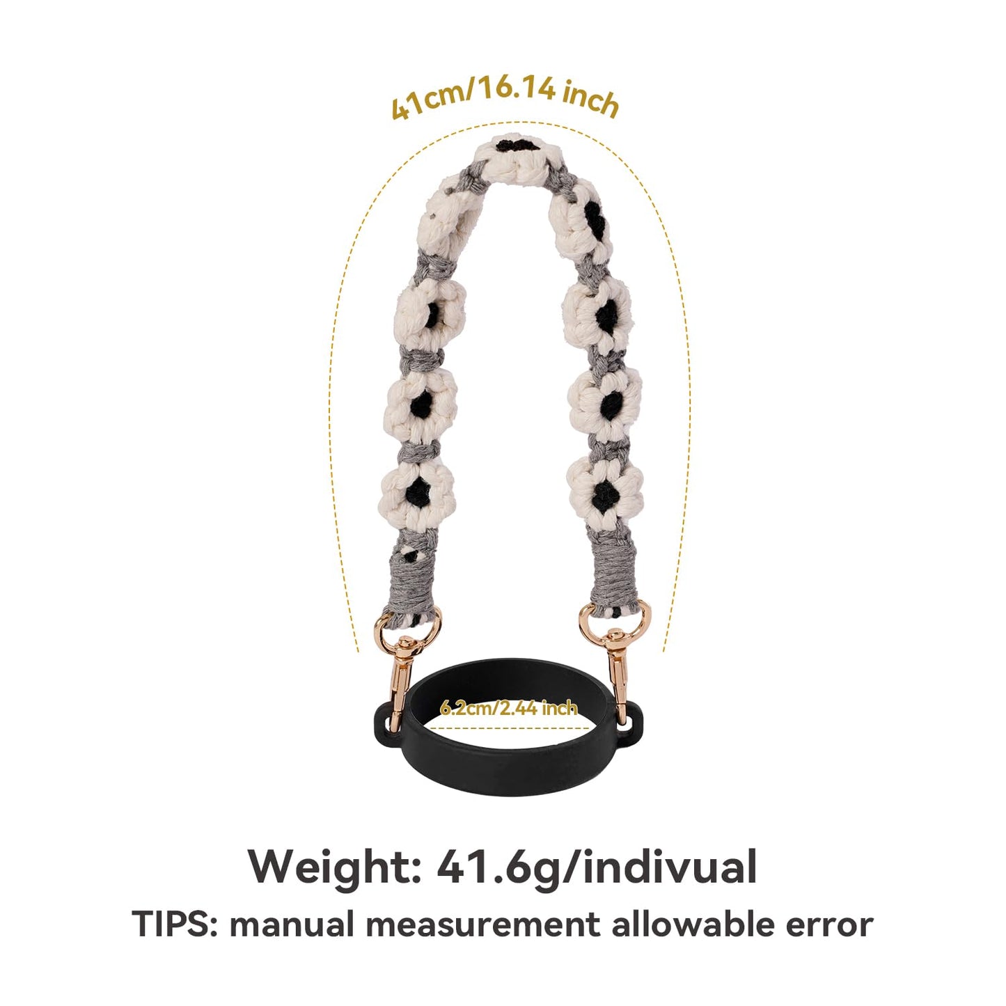 Hand-Woven Flower Water Bottle Strap with Silicone Ring 41cm/16.14 inch – Universal Cup Holder for 14oz, 30oz, and 40oz Stanley Tumblers, Adjustable Shoulder Strap with Rose Gold Clips and Net Pouch (Black) - Image 2