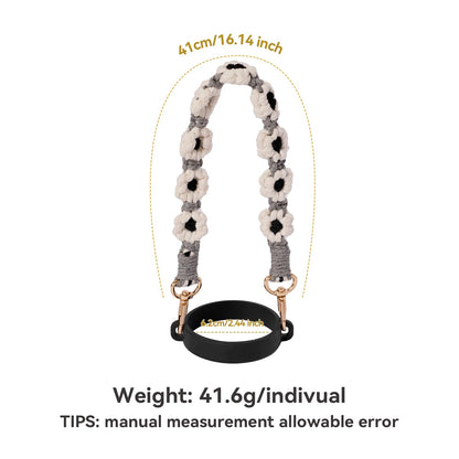 Hand-Woven Flower Water Bottle Strap with Silicone Ring 41cm/16.14 inch – Universal Cup Holder for 14oz, 30oz, and 40oz Stanley Tumblers, Adjustable Shoulder Strap with Rose Gold Clips and Net Pouch (Black) - Image 2