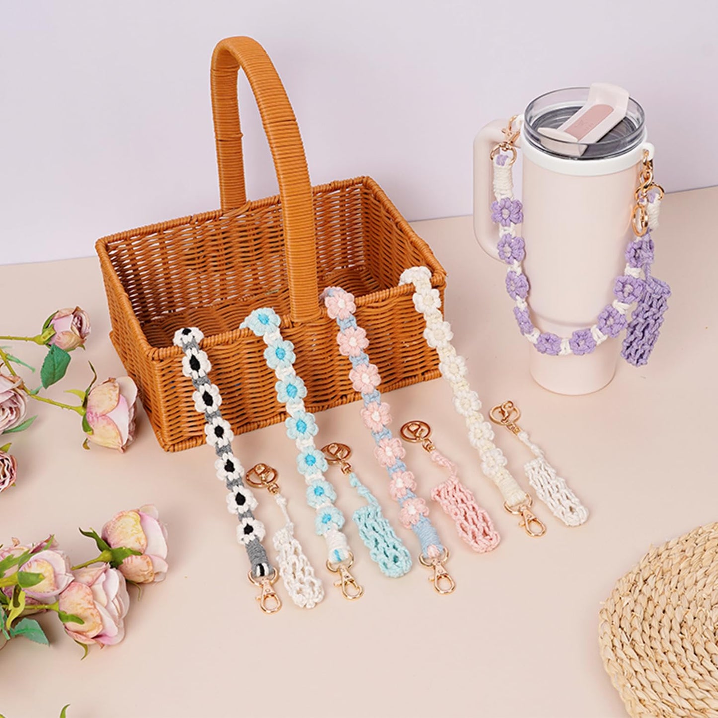 Hand-Woven Flower Water Bottle Strap with Silicone Ring 41cm/16.14 inch – Universal Cup Holder for 14oz, 30oz, and 40oz Stanley Tumblers, Adjustable Shoulder Strap with Rose Gold Clips and Net Pouch (Black) - Image 4