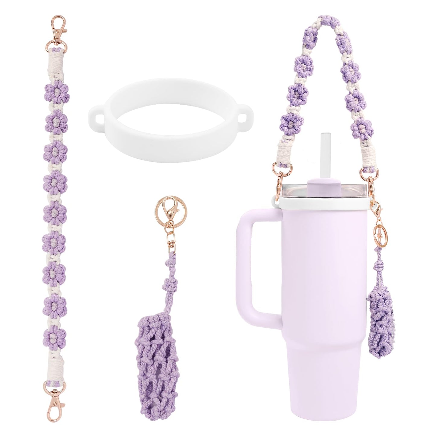 Hand-Woven Flower Water Bottle Strap with Silicone Ring 41cm/16.14 inch – Universal Cup Holder for 14oz, 30oz, and 40oz Stanley Tumblers, Adjustable Shoulder Strap with Rose Gold Clips and Net Pouch (Purple)