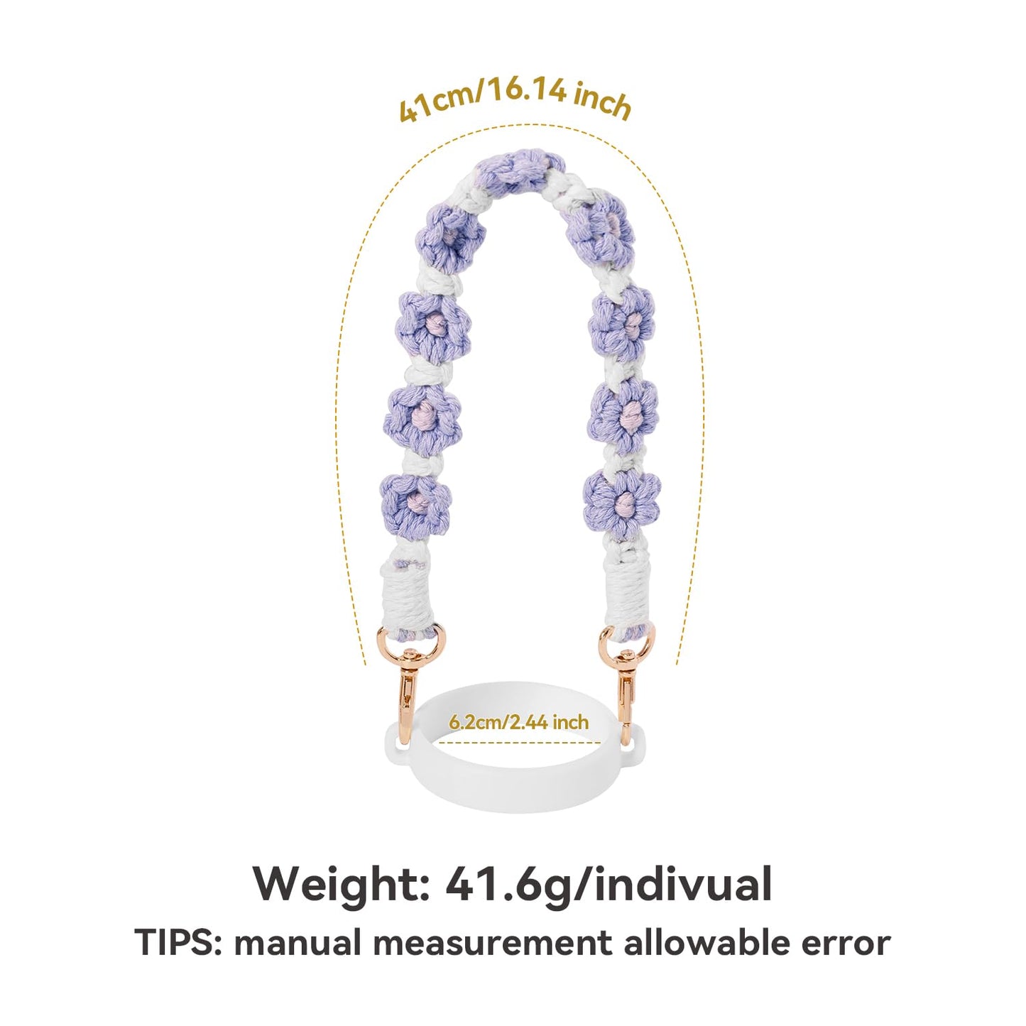 Hand-Woven Flower Water Bottle Strap with Silicone Ring 41cm/16.14 inch – Universal Cup Holder for 14oz, 30oz, and 40oz Stanley Tumblers, Adjustable Shoulder Strap with Rose Gold Clips and Net Pouch (Purple) - Image 2