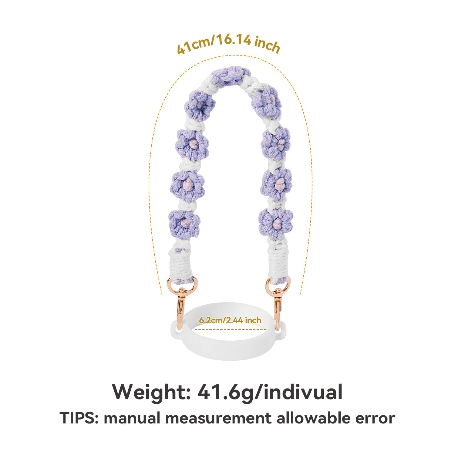 Hand-Woven Flower Water Bottle Strap with Silicone Ring 41cm/16.14 inch – Universal Cup Holder for 14oz, 30oz, and 40oz Stanley Tumblers, Adjustable Shoulder Strap with Rose Gold Clips and Net Pouch (Purple) - Image 2