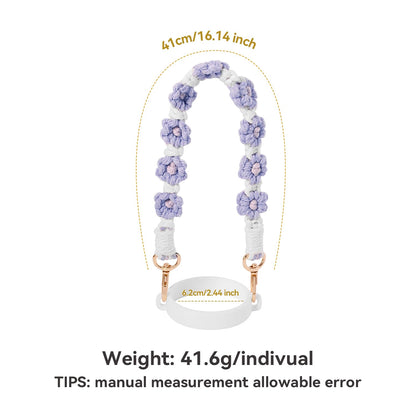 Hand-Woven Flower Water Bottle Strap with Silicone Ring 41cm/16.14 inch – Universal Cup Holder for 14oz, 30oz, and 40oz Stanley Tumblers, Adjustable Shoulder Strap with Rose Gold Clips and Net Pouch (Purple) - Image 2