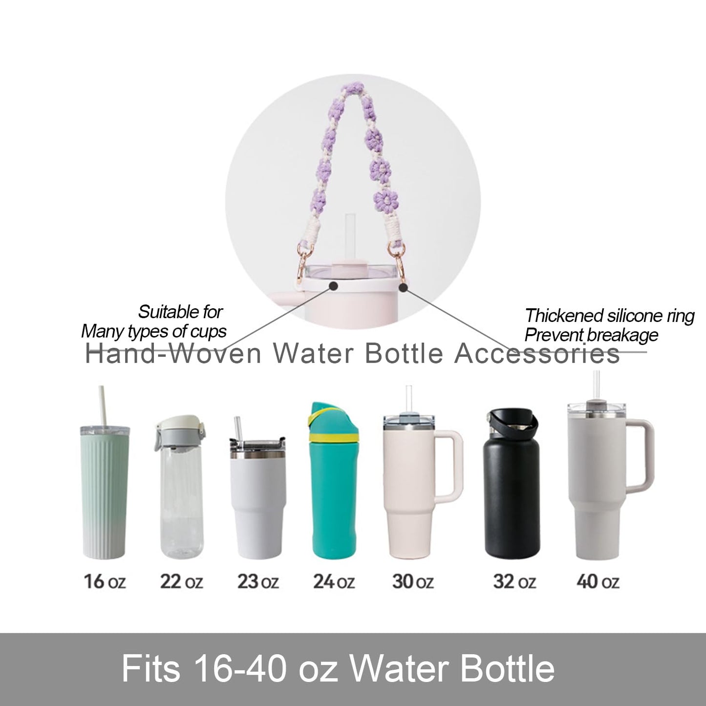 Hand-Woven Flower Water Bottle Strap with Silicone Ring 41cm/16.14 inch – Universal Cup Holder for 14oz, 30oz, and 40oz Stanley Tumblers, Adjustable Shoulder Strap with Rose Gold Clips and Net Pouch (Purple) - Image 3