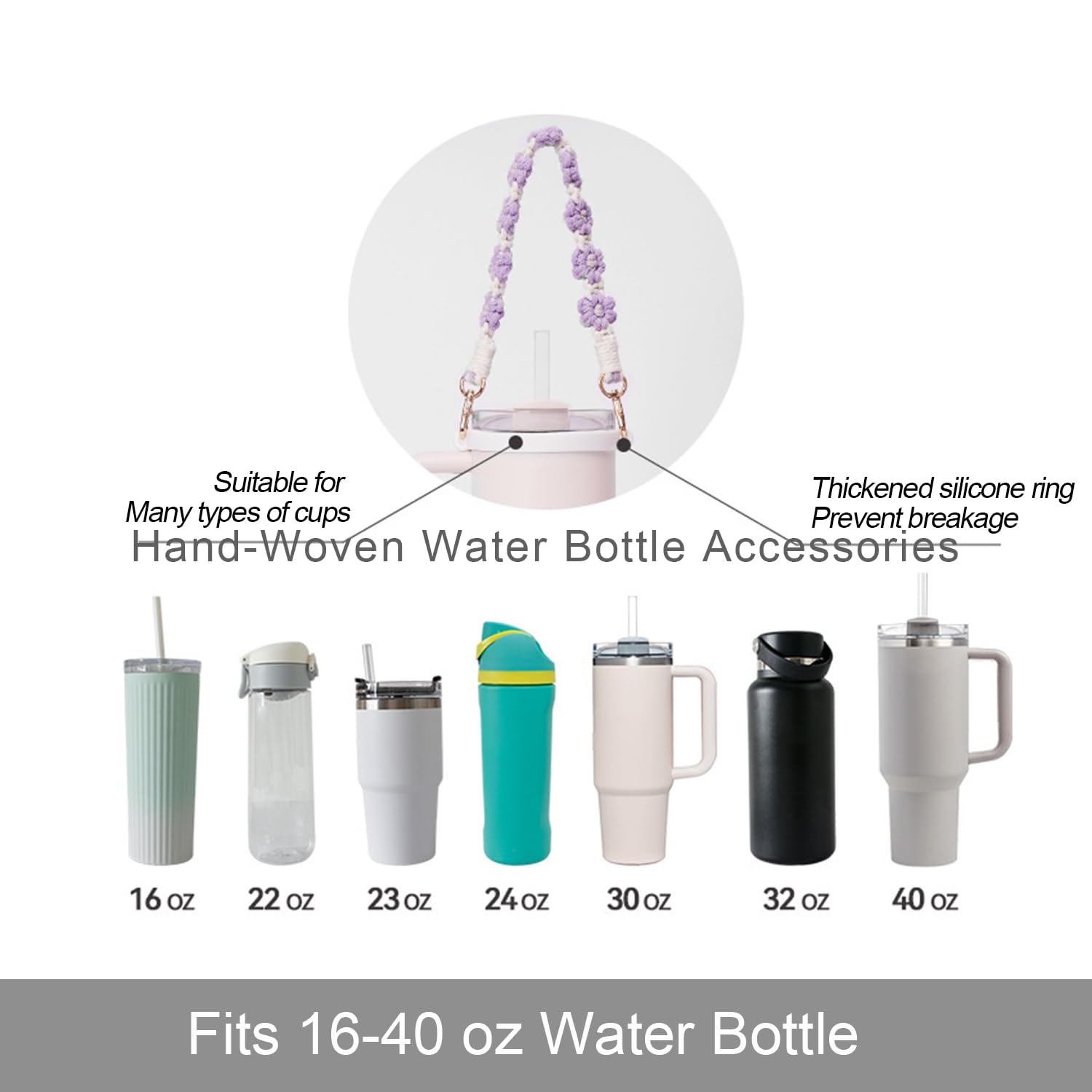 Hand-Woven Flower Water Bottle Strap with Silicone Ring 41cm/16.14 inch – Universal Cup Holder for 14oz, 30oz, and 40oz Stanley Tumblers, Adjustable Shoulder Strap with Rose Gold Clips and Net Pouch (Purple) - Image 3