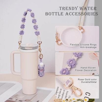 Hand-Woven Flower Water Bottle Strap with Silicone Ring 41cm/16.14 inch – Universal Cup Holder for 14oz, 30oz, and 40oz Stanley Tumblers, Adjustable Shoulder Strap with Rose Gold Clips and Net Pouch (Purple) - Image 6