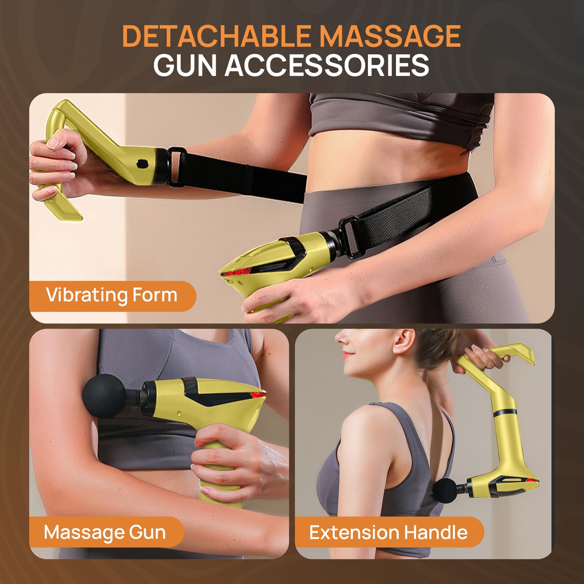 Yellow 3-in-1 Massage Gun with Extendable Handle & Back Strap – 12-Speed Deep Tissue Muscle Massager, 4 Attachments, USB-C Charging, for Athletes, Gym Recovery & Seniors | Black available in store - Image 2
