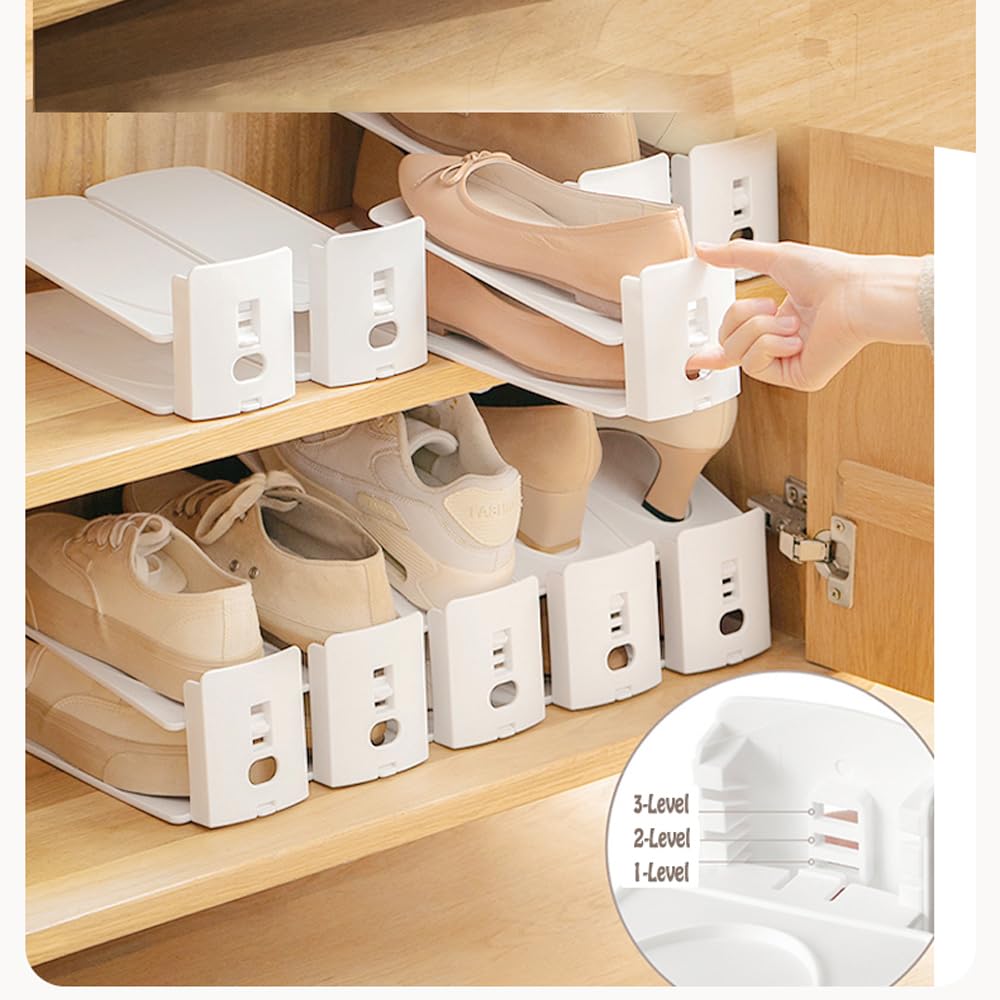 Adjustable Shoe Rack Organizer, 10-Pack Stackable Shoe Shelf for Closet Storage – Space-Saving Double Layer Shoe Holder with 3-Level Height Adjustment (White) - Image 2