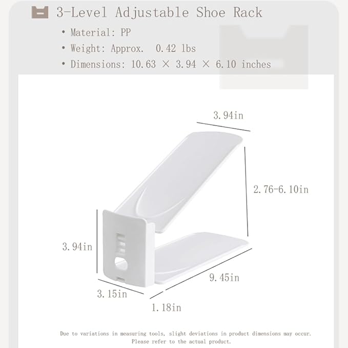 Adjustable Shoe Rack Organizer, 10-Pack Stackable Shoe Shelf for Closet Storage – Space-Saving Double Layer Shoe Holder with 3-Level Height Adjustment (White) - Image 4