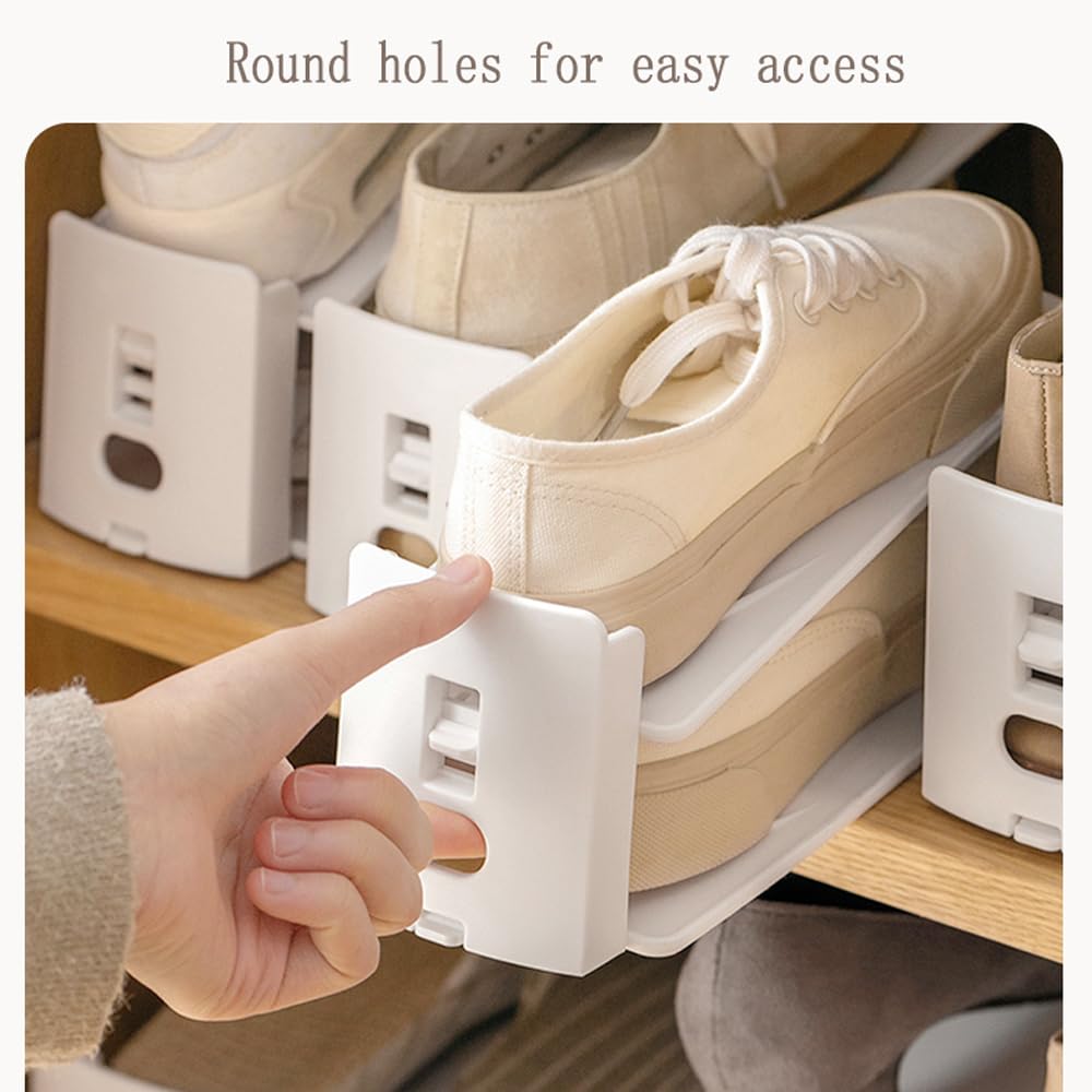 Adjustable Shoe Rack Organizer, 10-Pack Stackable Shoe Shelf for Closet Storage – Space-Saving Double Layer Shoe Holder with 3-Level Height Adjustment (White) - Image 7