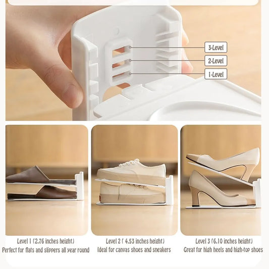 Adjustable Shoe Rack Organizer, 10-Pack Stackable Shoe Shelf for Closet Storage – Space-Saving Double Layer Shoe Holder with 3-Level Height Adjustment (White) - Image 8