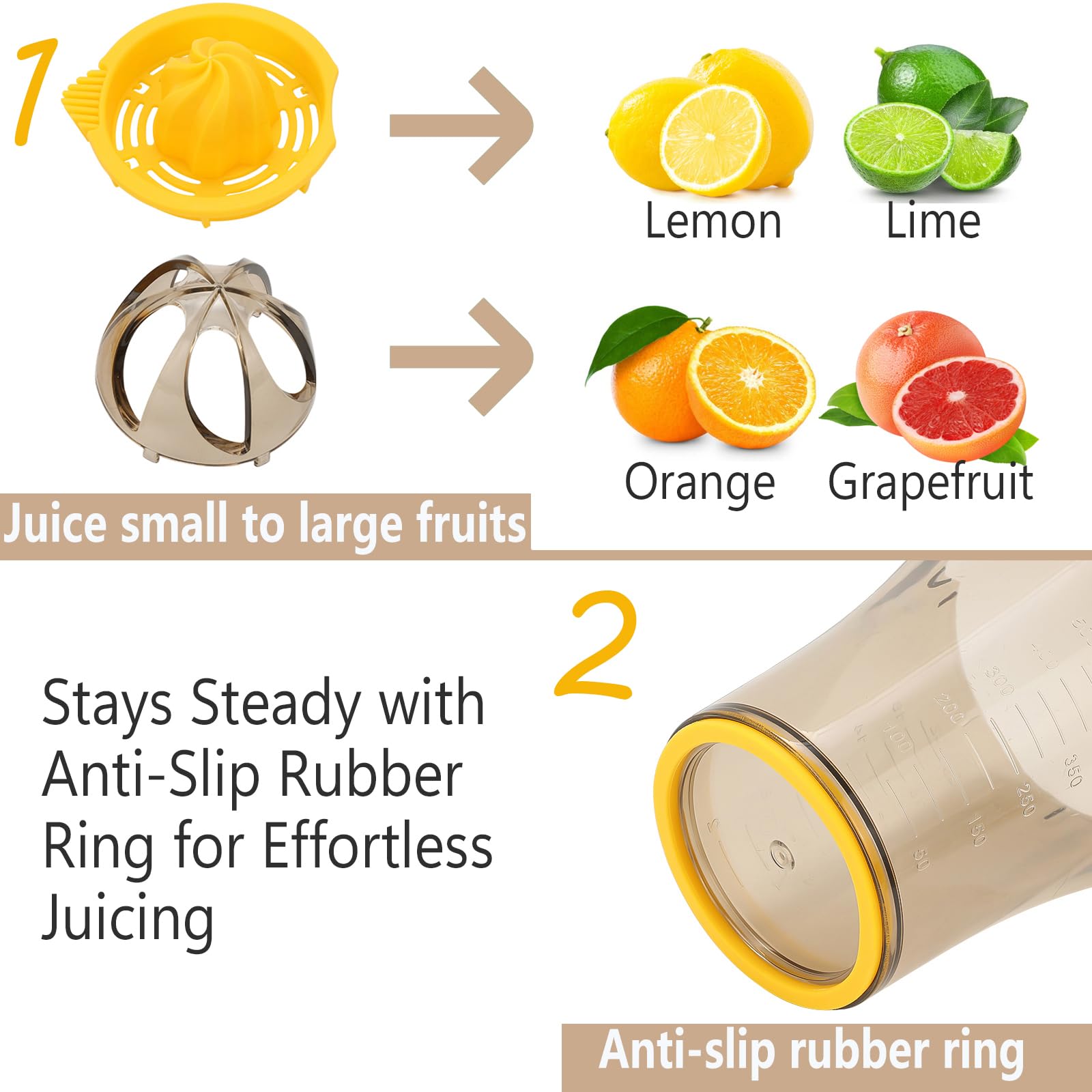 Handheld Citrus Juicer with Dual Reamer & 20oz Measuring Cup – Manual Lemon, Lime, Orange, Grapefruit Squeezer with Anti-Slip Base and Filtered Spout (Yellow) - Image 4