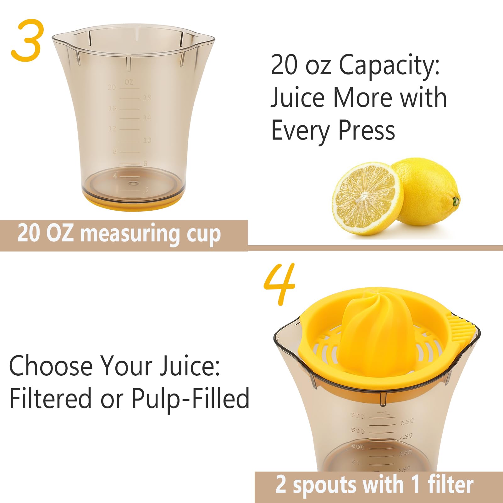 Handheld Citrus Juicer with Dual Reamer & 20oz Measuring Cup – Manual Lemon, Lime, Orange, Grapefruit Squeezer with Anti-Slip Base and Filtered Spout (Yellow) - Image 5
