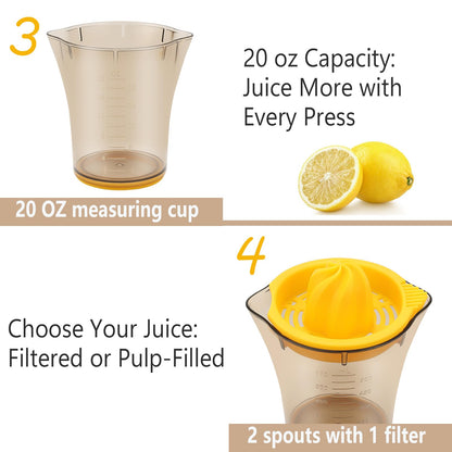 Handheld Citrus Juicer with Dual Reamer & 20oz Measuring Cup – Manual Lemon, Lime, Orange, Grapefruit Squeezer with Anti-Slip Base and Filtered Spout (Yellow) - Image 5