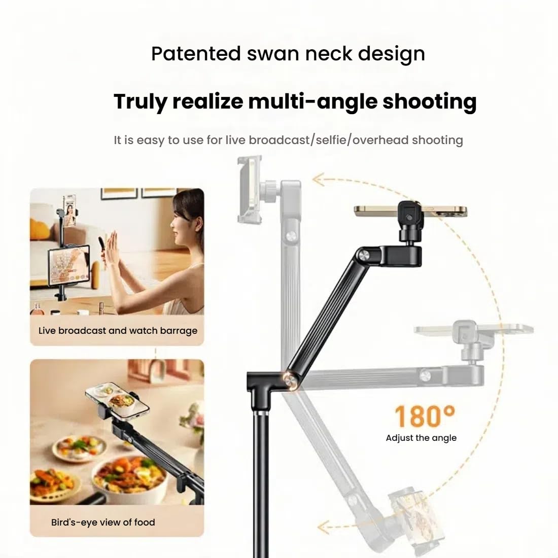 Floor Standing Phone Tripod with Swan Neck Arm – Includes Phone Clamp & Selfie Remote, Multi-Angle Stand for Live Streaming, Food Photography, Vlogging (Black) - Image 2